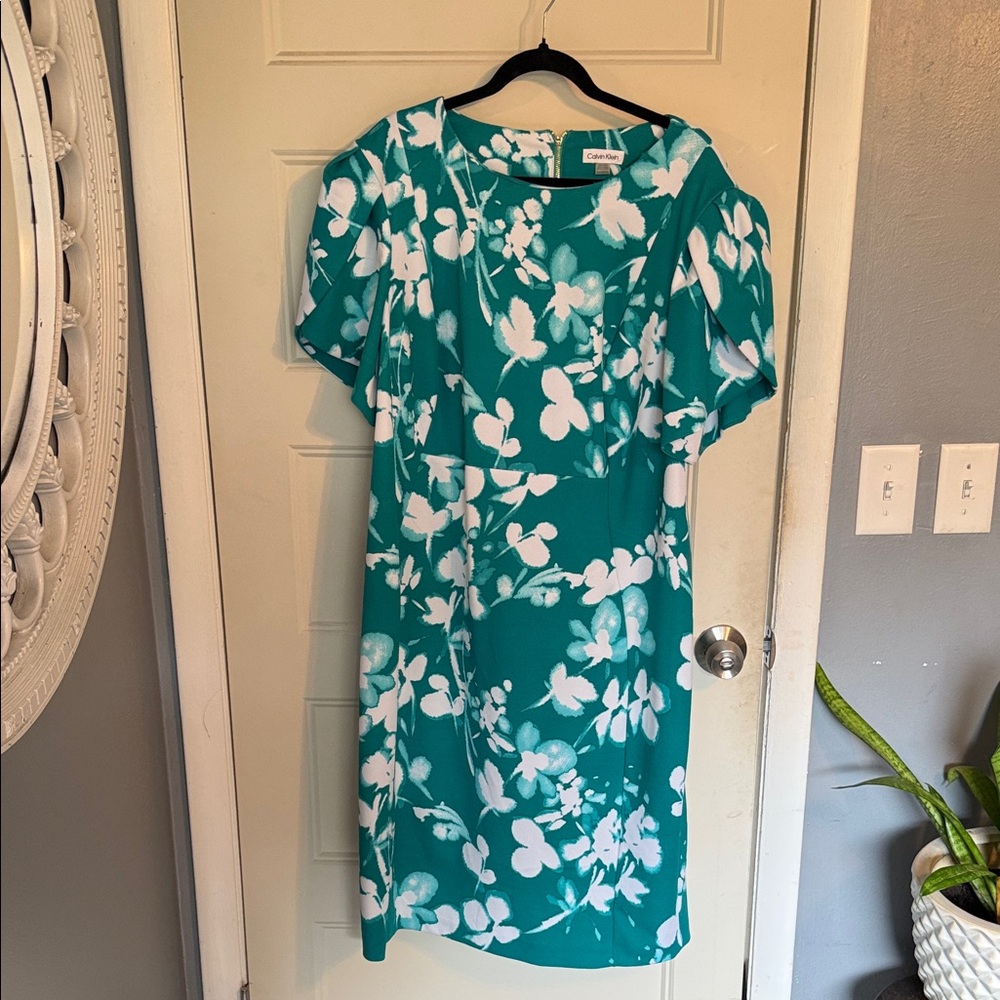 Calvin Klein Teal and White Floral Midi Dress